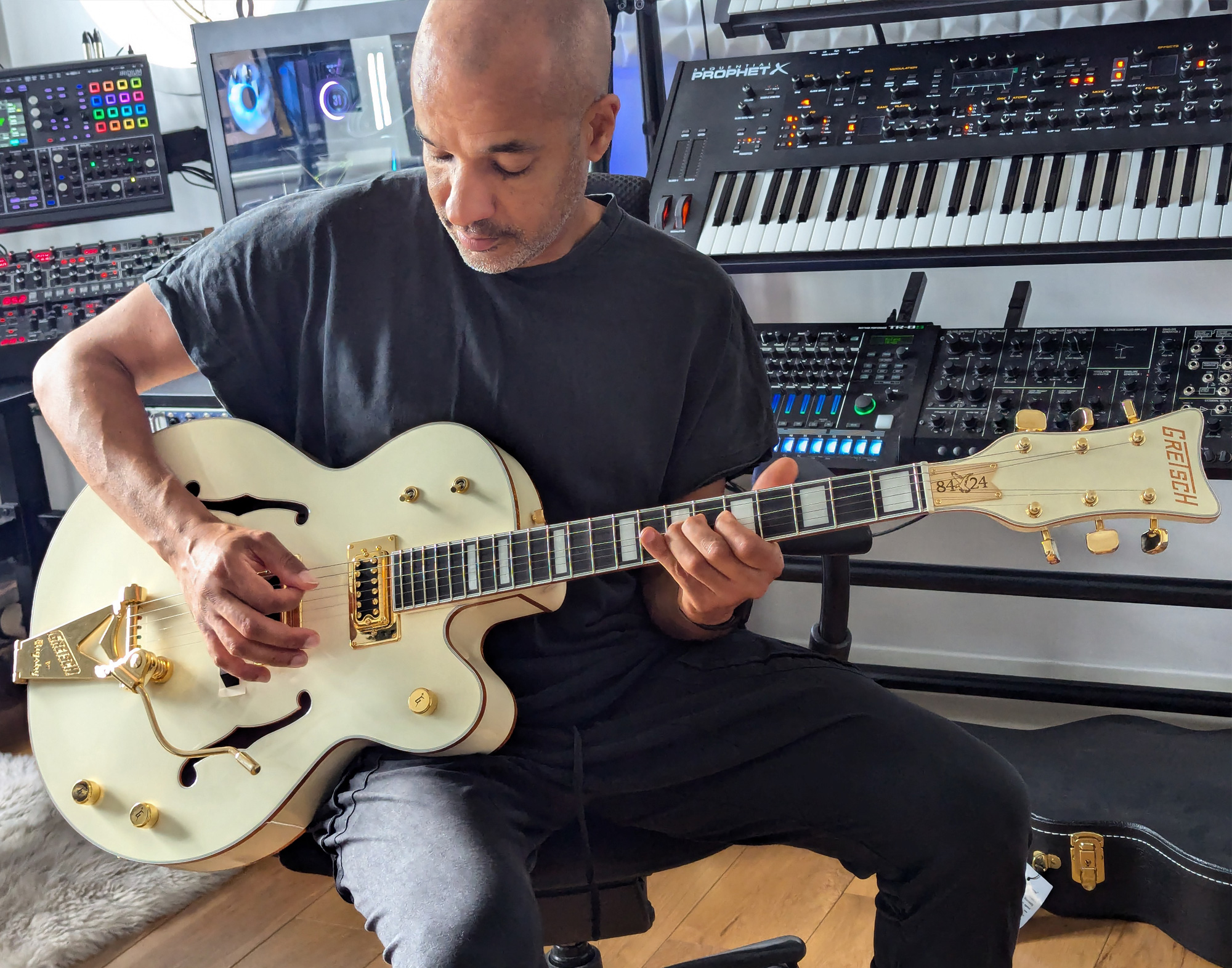 A detail shot of analog music equipment in Zed Parish's studio.